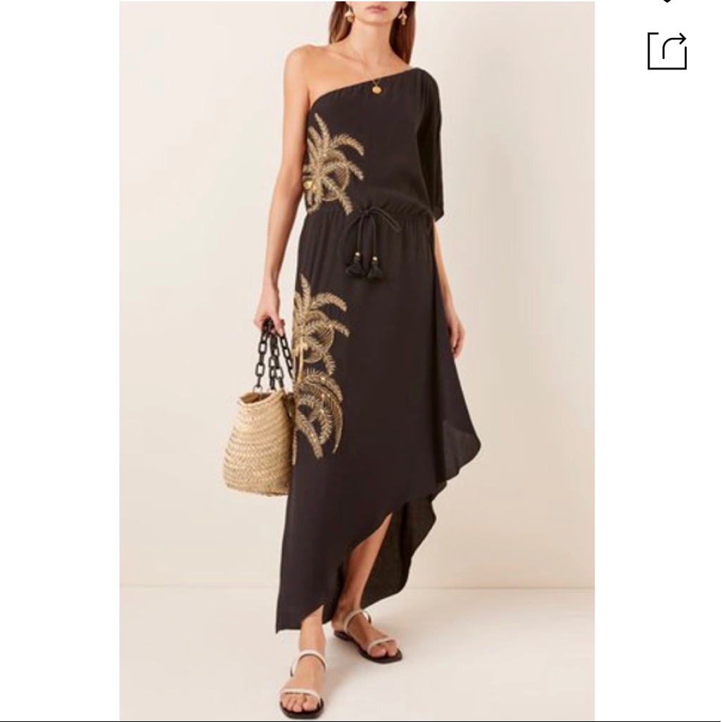 Figue One-Shoulder Black Maxi Dress With Gold Palm Embroidery Small